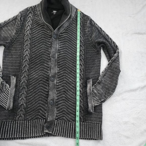 ROCK & REPUBLIC Mens‎ Cable Knit Fisherman Sweater Grey Washed Lapel CollarLarge - Picture 7 of 8